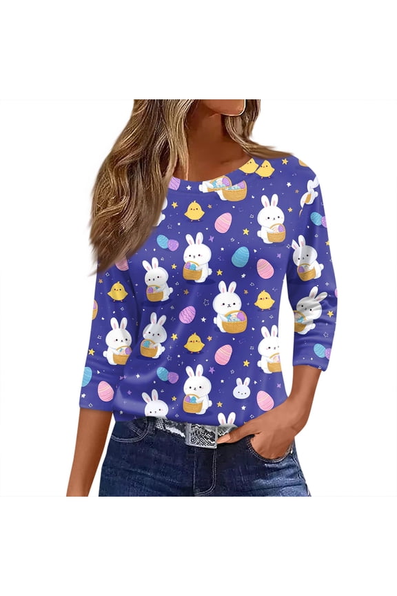 Easter Tshirts for Women Cute Graphic Bunny Womens 3/4 Length Sleeve Tops Crewneck Fitted Holiday Spring Summer Trendy Women Tunic Tops