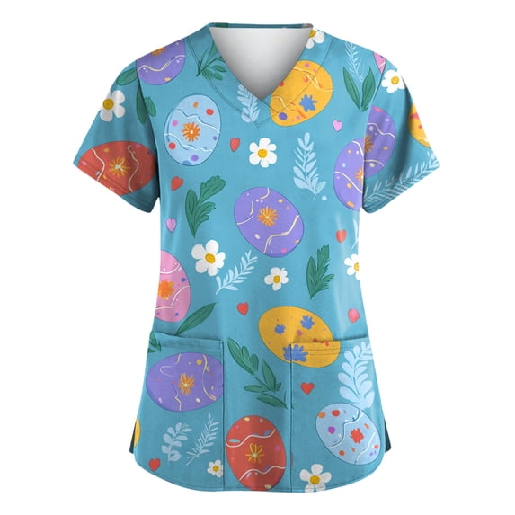 Fabrcox Easter Women Scrub Tops Egg Cute Animals Print Womens Tops Workwear with Pocket Short Sleeve V Neck Stretch Nursing Uniforms S-5XL
