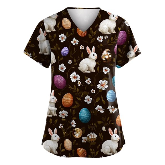 Fabrcox Easter Women Scrubs Top Bunny Cute Graphic Women's Workwear with Pocket Short Sleeve V Neck Plus Size Nursing Uniforms for Women Top S-5XL