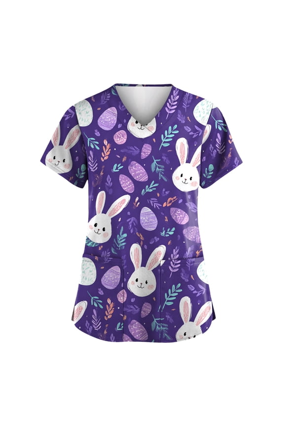 Easter Womens Scrub Top Egg Bunny Print Women Work Tops with Pocket Short Sleeve V Neck Holiday Nursing Uniforms for Women Stretch S-5XL