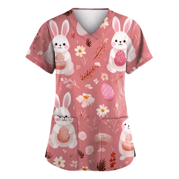 Fabrcox Easter Womens Scrub Top Egg Rabbit Print Women Work Shirts with Pocket Short Sleeve V Neck Stretch Nursing Uniforms for Women S-5XL