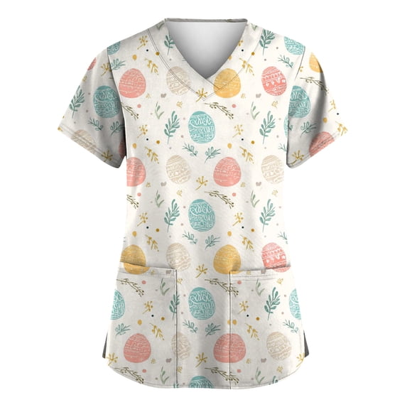 Fabrcox Easter Womens Scrub Tops Egg Rabbit Print Workwear Tops for Women with Pocket Short Sleeve V Neck Holiday Nurse Uniform S-5XL