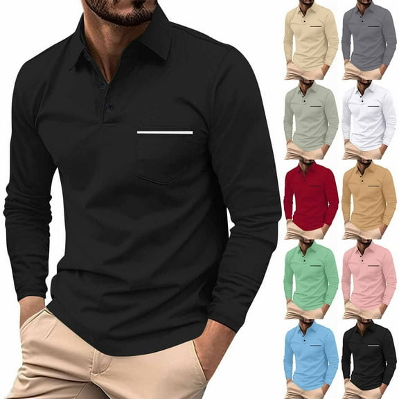 Fabrcox Fall Polo Shirts for Men Big and Tall Long Sleeve Collared T Shirts with Pocket Casual Fashion Pullover Basic Polo Shirts,Red L