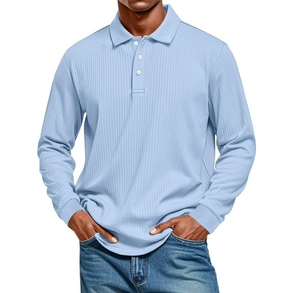 Fabrcox Fall Spring Big and Tall Polo Shirts for Men Turn-Down Collar Long Sleeve Fashion Pullover Golf Shirts Basic Solid Color Casual Polo Shirts Light Blue XXL