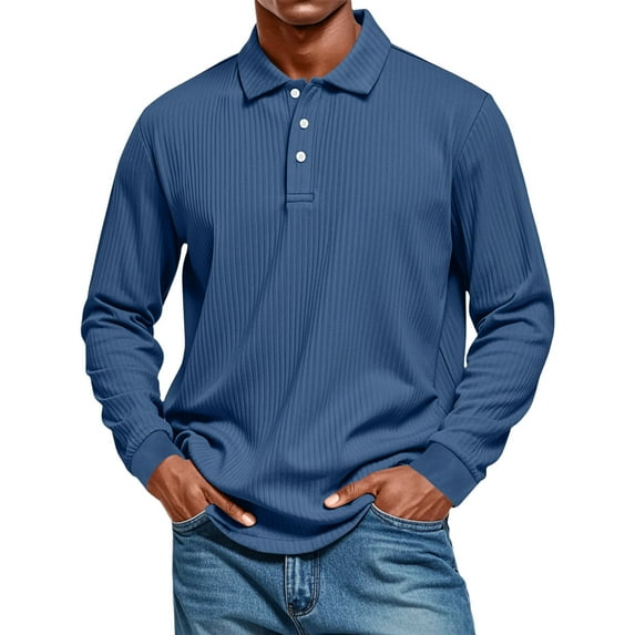 Fabrcox Fall Spring Grey Polo Shirts for Men Button Down Long Sleeve Fashion Pullover Golf Shirts Basic Solid Color Casual Polo Shirts Blue XXXL