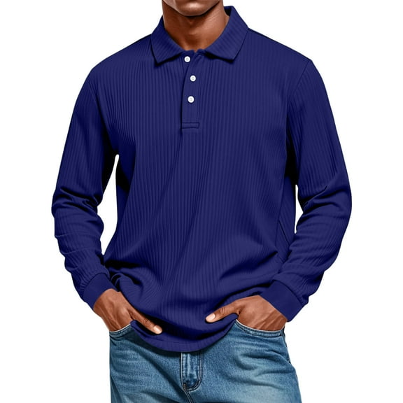 Fabrcox Fall Spring Men's Polo Shirts Loose Fit Turn-Down Collar Long Sleeve Fashion Pullover Golf Shirts Basic Solid Color Casual Polo Shirts Dark Blue M