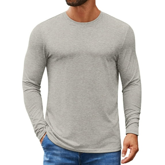 Fabrcox Fall Spring S-3xl Long Sleeve Shirts for Men Crew Neck Solid Color Trendy Long Sleeve Basic Tee Casual Lightweight Pullover T-Shirt Light Gray 2XL