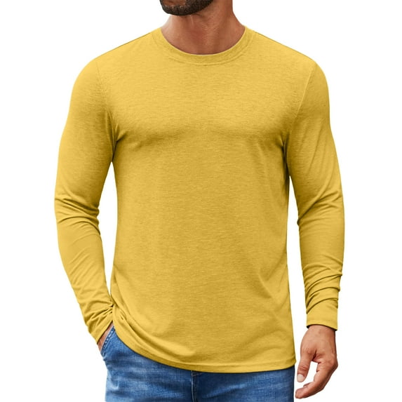 Fabrcox Fall Spring S-3xl Long Sleeve Shirts for Men Crewneck Solid Color Trendy Long Sleeve Basic Tee Casual Lightweight Pullover T-Shirt Yellow 2XL