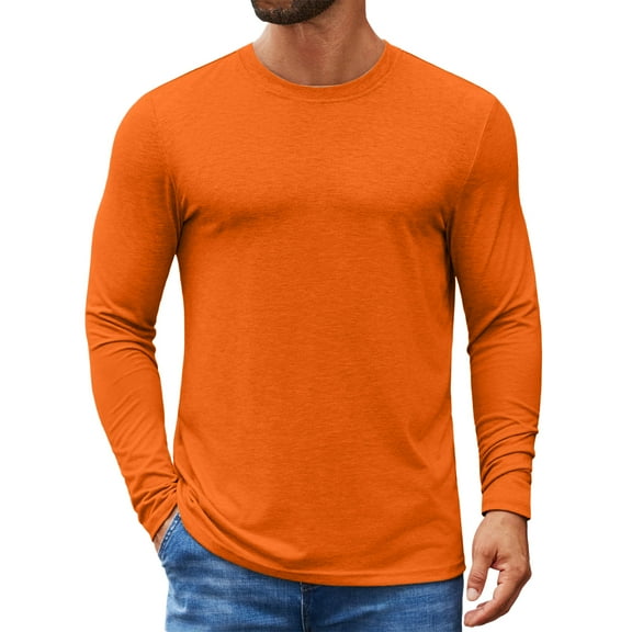 Fabrcox Fall Spring S-3xl Mens T Shirts Crewneck Solid Color Trendy Long Sleeve Basic Tee Casual Lightweight Pullover T-Shirt Saffron 3XL