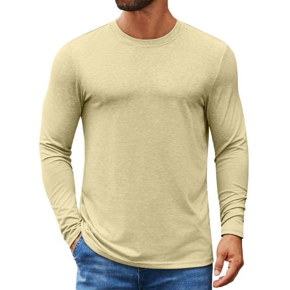 Fabrcox Fall Spring S-3xl Plus Size T Shirts for Man Crew Neck Solid Color Trendy Long Sleeve Basic Tee Casual Lightweight Pullover T-Shirt Beige 2XL