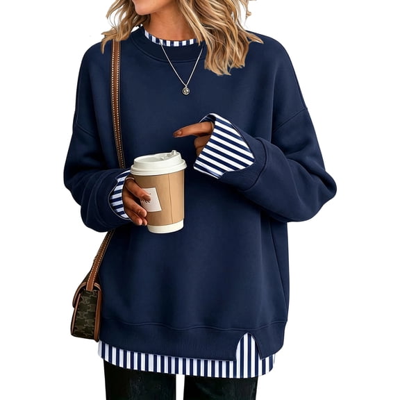 Fabrcox Faux Layered Womens Crew Necks Sweatshirts Cute Sweatshirt for Women Oversized Side Slit Y2k Streetwear Vacation Womens Fall Outfit Pullover Navy L