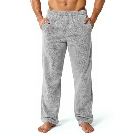 Fabrcox Flannel Pajama Pants for Men Big and Tall Pajama Bottoms with Pockets Elastic Waist Winter Warm Casual Mid Waisted Home Pajama Bottoms Light Gray M