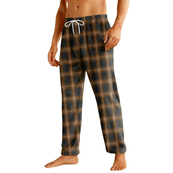 Fabrcox Flannel Plaid Pajamas Bottoms for Men Slim Fit Wide Leg Drawstring Pj Bottoms with Pockets Soft Comfy Sleep Bottoms Full Length Loungewear Pants Brown L
