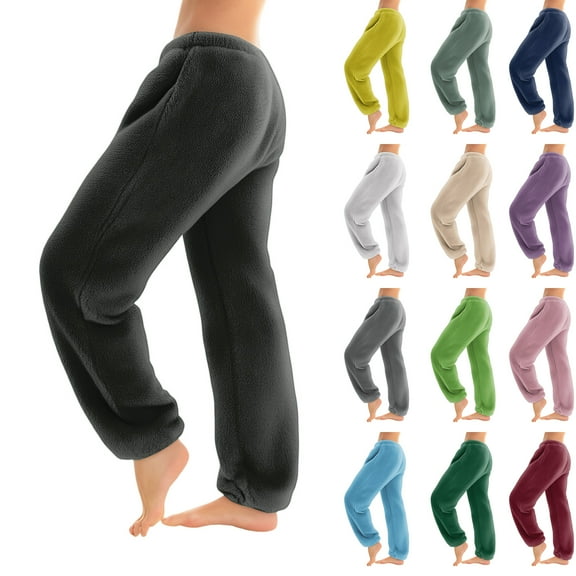 Fabrcox Flannel Woman Pj Pants Joggers Sleep Pants Solid Color Elastic Waist Winter Warm Lounge Bottoms Pants Wine 2XL