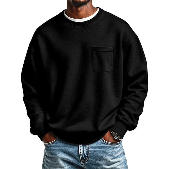 Fabrcox Fleece Lined Mens Sweatshirt Crew Neck Long Sleeve Shirt Men Streetwear Outdoor Athletic Workout Fall Winter Warm Mens Pullover with Chest Pocket Black L