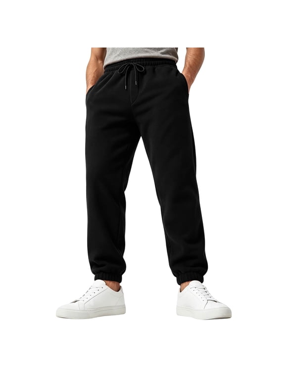 Fleece Sweatpants for Men Elastic Waist Straight Leg Mens Sweatpants Joggers Cinch Bottom Athletic Running Fall Winter Warm Men's Trousers with Pockets