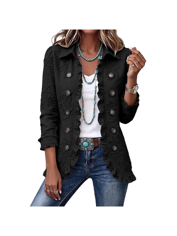 Floral Embroidered Ruffle Jacket Peplum Lapel Open Front Cardigan Jacket Double Breasted Vintage Western Boho Lightweight Women Blazer Work Outerwear Black S