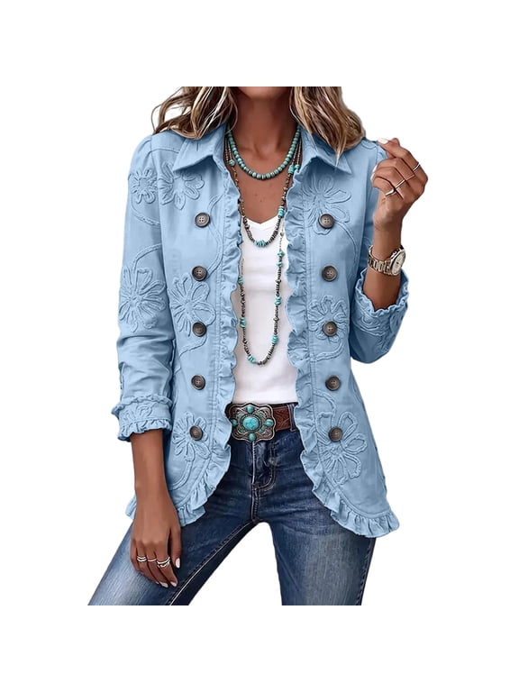 Floral Embroidered Ruffle Jacket Peplum Lapel Open Front Jacket Cardigan Double Breasted Vintage Western Boho Lightweight Blazer Dress for Women Office Outerwear Sky Blue L