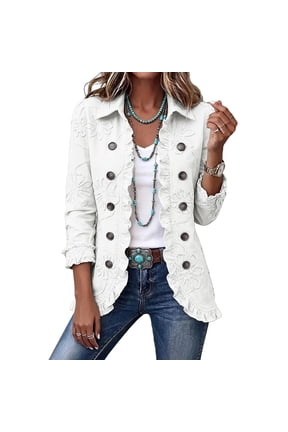 Floral Embroidered Ruffle Jacket Women Peplum Lapel Open Front Cardigan Jacket for Women Double Breasted Vintage Western Boho Lightweight Casual Blazers for Women Office Outerwear White L