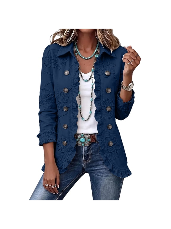 Floral Embroidered Ruffle Jacket Women Peplum Lapel Open Front Jacket Cardigan Double Breasted Retro Western Boho Lightweight Casual Blazers for Women Business Outerwear Dark Blue M