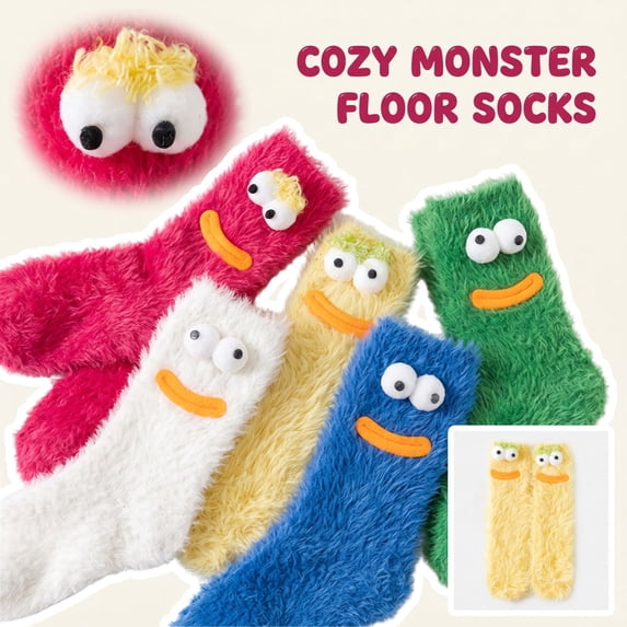 Fabrcox Funny Cartoon Monster Slipper Socks, Thick Warm Winter Indoor Floor Socks, Cozy Casual Loungewear Socks for Sleep (Blue)