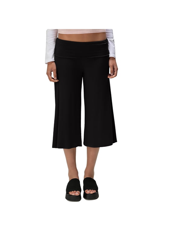 Gaucho Pants for Women Low Rise Fold Over Wide Legged Capri Pants for Women Stretch Yoga Summer Beach Flowy Womens Palazzo Pants Black XL