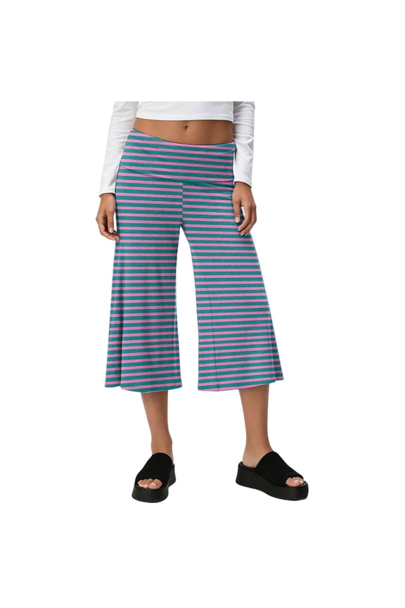 Gauchos Pants for Women Striped Low Rise Fold Over Wide Legged Capri Pants for Women Stretch Yoga Summer Beach Flowy Womens Pants Palazzo S