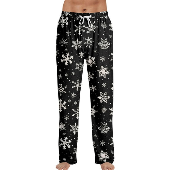 Fabrcox Graphic Sleep Lounge Pants for Men Elastic Waist Drawstring Pj Pants Christmas Santa Claus Elk Xmas Print Casual Soft Wide Leg Sleepwear Pants Black M