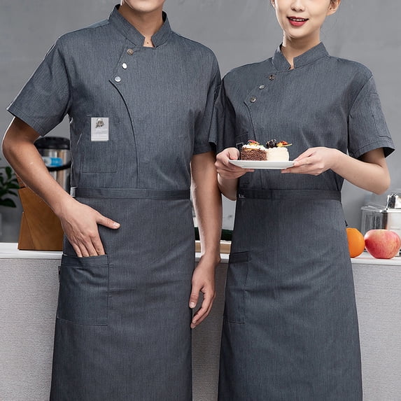 Fabrcox Gray Chefs Coat Restaurant Short Sleeve Chef Uniforms with Pockets Unisex Button Basic Lightweight Canteen Kitchen Hotel Work Wear for Men Women