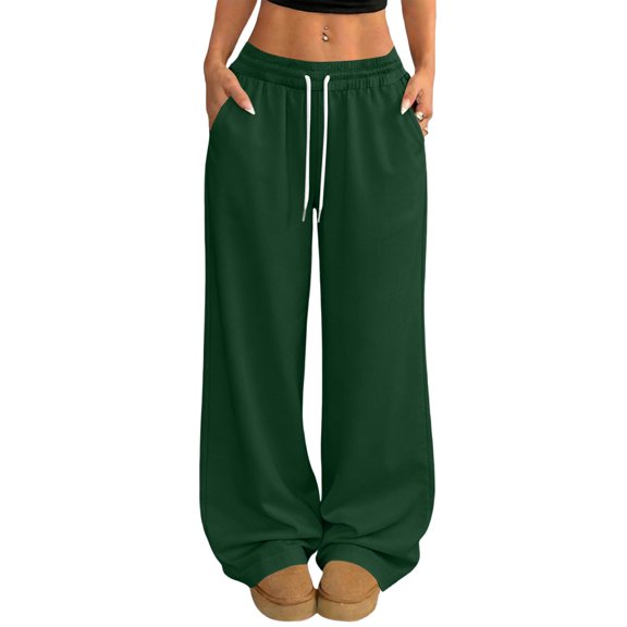 Fabrcox Green Women's Wide Leg Pants Drawstring Baggy Women's Lounge Pants Spring Summer Palazzo Trouser Pants Women with Pockets
