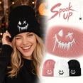 thumbnail image 1 of Fabrcox Halloween Cuffed Knit Beanie Hat for Adults and Teens, Unisex Soft Warm Beanie with Embroidered Spooky Face Pattern, Holiday Party Costume Accessories Black, 1 of 8