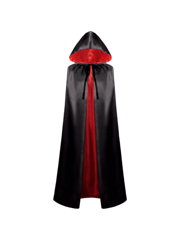 Halloween Holiday Full Length Hooded Cape, Unisex Adult Double Sided Reversible Knit Cloak, Black Red Two Tone Garment for Masquerade Christmas Gathering L