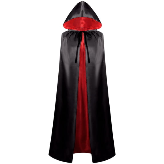 Fabrcox Halloween Holiday Full Length Hooded Cape, Unisex Adult Double Sided Reversible Knit Cloak, Black Red Two Tone Garment for Masquerade Christmas Gathering M