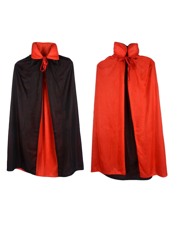 Halloween Holiday Long Cape, Unisex Adult Double Sided Reversible Satin Cloak, Stand Collar Full Length Black Red Wear for Masquerade Christmas Gathering M