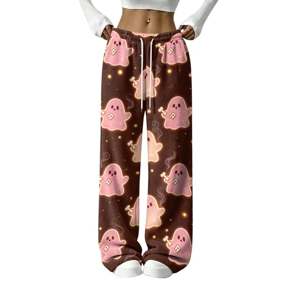 Fabrcox Halloween Pajama Pants Women Flannel Funny Ghost Pumpkin Cat Lounge Pants for Women Comfy Fall Winter Warm Wide Leg Sleep Pants for Women