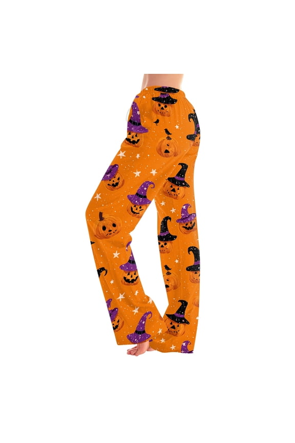 Halloween Pajama Pants Women Ghost Pumpkin Spider Web Sleep Pants Women Fall Winter Festival Soft Women Lounge Pants Orange S