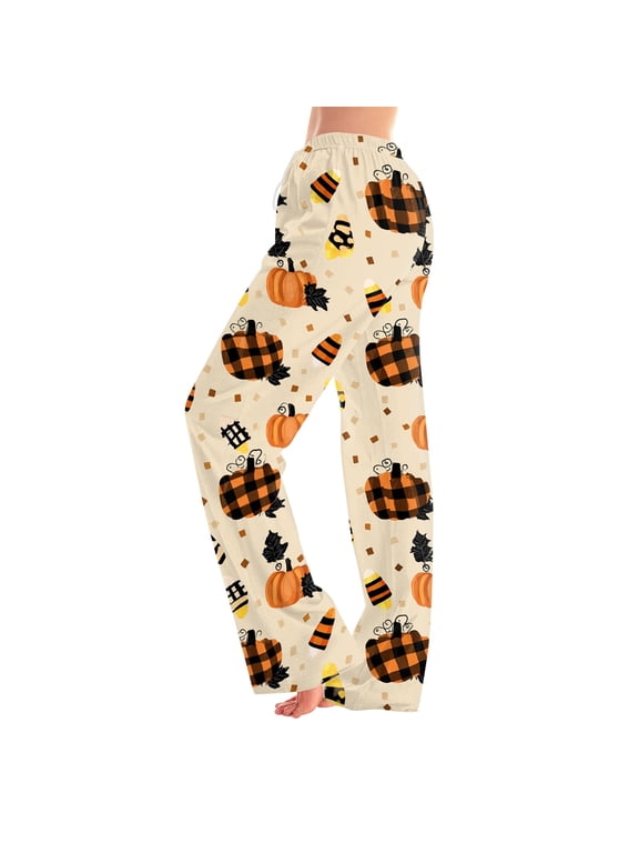 Halloween Pajamas Pants for Women Funny Ghost Pumpkin Moon Sleep Pants Women Fall Winter Festival Soft Womens Lounge Pant Khaki XL