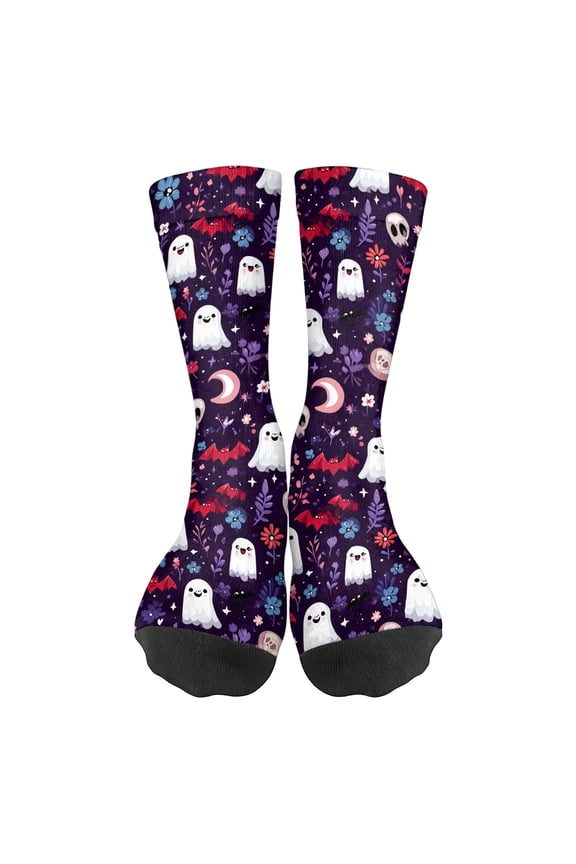 Halloween Socks Women Men Funny Ghost Pumpkin Socks Witch Graphic Spooky Novelty Mid Calf Women Crew Socks Purple