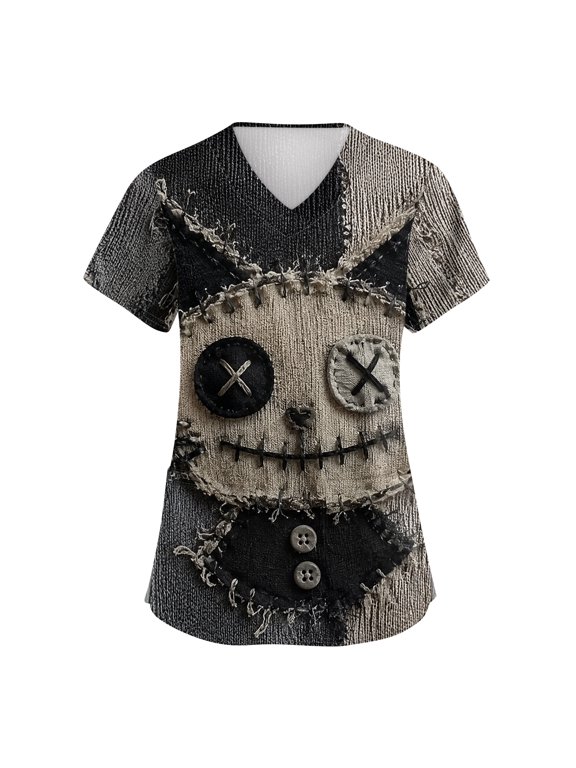 Halloween Women Scrubs Top Spooky Cat Nurses Uniform Funny Ghost Pumpkin Side Slit Stretch Women Workwear with Pocket S-5XL