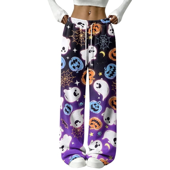 Fabrcox Halloween Women's Pajama Pants Fleece Funny Ghost Pumpkin Cat Sleep Pants for Women Comfy Fall Winter Warm Wide Leg Lounging Pants for Women