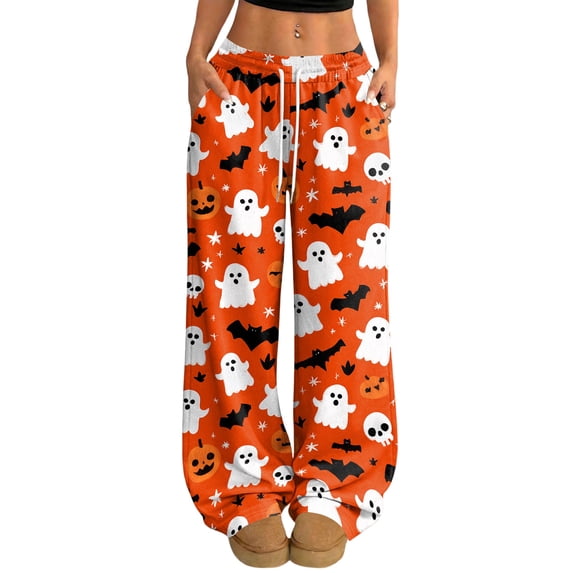Fabrcox Halloween Womens Pajama Bottoms Funny Pumpkin Ghost Witch Sleep Pants for Women Comfy Spooky Fall Winter Wide Leg Womans Lounge Pants