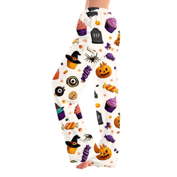 Fabrcox Halloween Womens Pajama Pants Ghost Pumpkin Candy Women's Sleep Pants Fall Winter Festival Soft Lounge Pants for Women Purple XXL