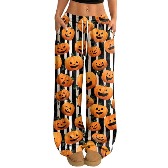Fabrcox Halloween Womens Pajama Pants Ghost Pumpkin Cat Womens Lounge Pants Spooky Cozy Fall Winter Wide Leg Sleep Pants Women