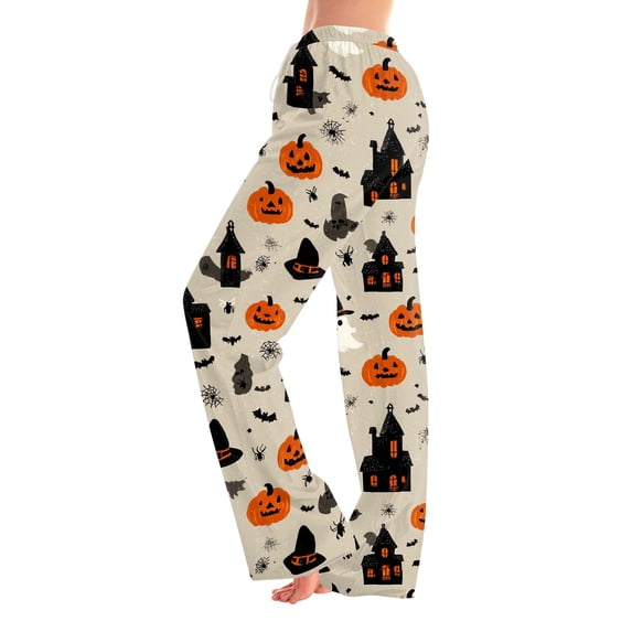Fabrcox Halloween Womens Pajama Pants Pumpkin Ghost Witch Womens Sleep Pants Fall Winter Festival Soft Womens Lounge Pant Khaki L