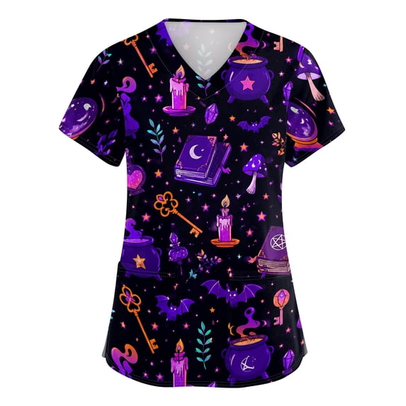 Fabrcox Halloween Womens Scrubs Tops Funny Ghost Pumpkin Work Shirts for Women Witch Spooky Side Slit Stretch Nursing Uniforms for Women with Pocket S-5XL
