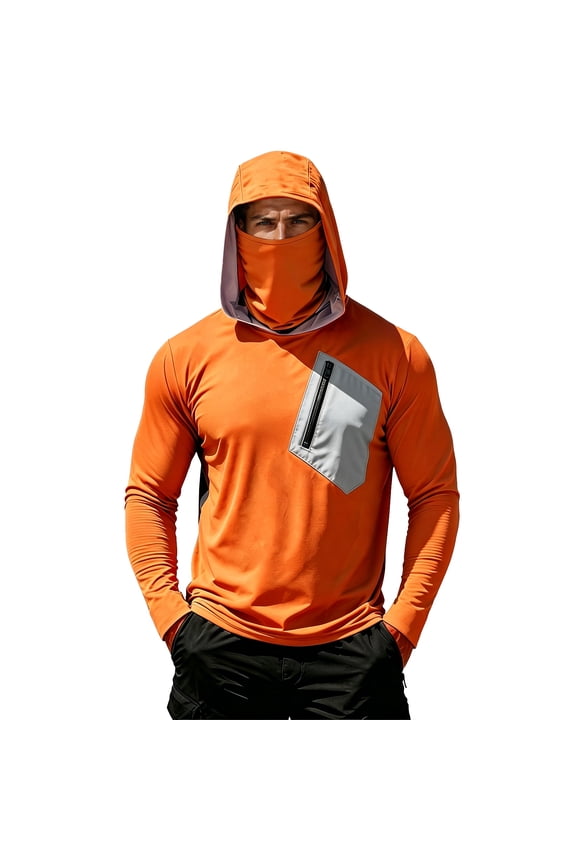 Hooded Sun Shirts for Men with Mask UPF 50+ Ice Silk Long Sleeve Fishing Shirt for Men UV Sun Protection Lightweight Outdoor Hiking Cooling Rash Guards for Men with Pockets