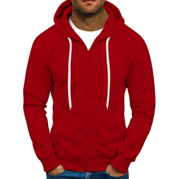 Fabrcox Hoodies for Men Big and Tall Full Zip Baggy Sports Hooded Drawstring Fleece Lined Casual Solid Color Winter Hoodies Coat Red XL