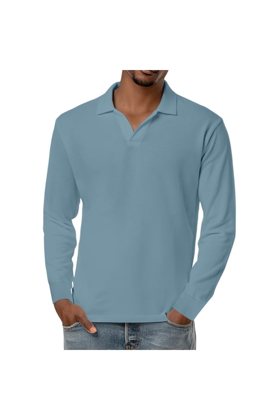 L-4XL Men Long Sleeve Polo Shirts Lapel Men's V Neck T Shirts Big and Tall Outdoor Running Workout Mens Shirts Blue S