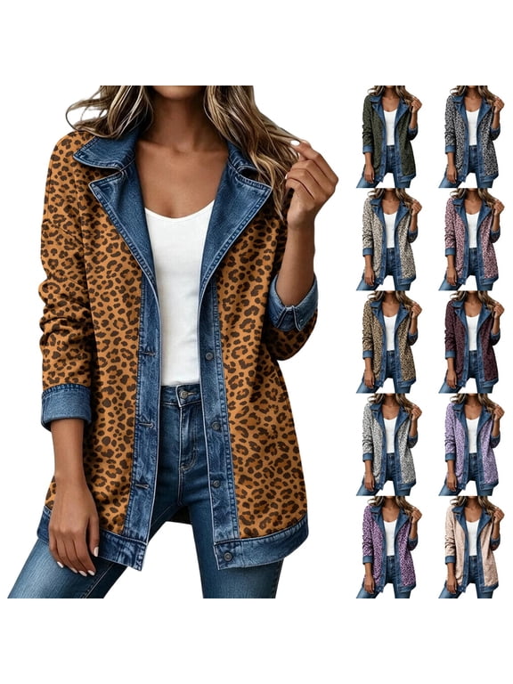 Leopard Jacket Denim Patchwork Button Down Cardigan Women Jean Jacket Long Sleeve Fall Outfits Streetwear Vintage Western Lightweight Business Blazers for Women Green L