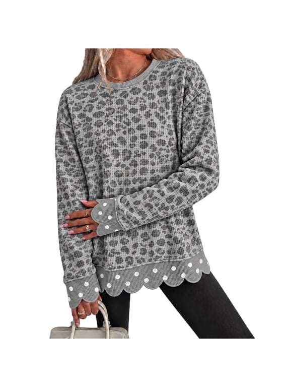 Leopard Print Scalloped Edge Sweatshirt Polka Dot Oversized Crew Neck Sweatshirts Women Fall Outfits Winter Loose Fit Casual Loungewear Trendy Pullover for Women Gray S
